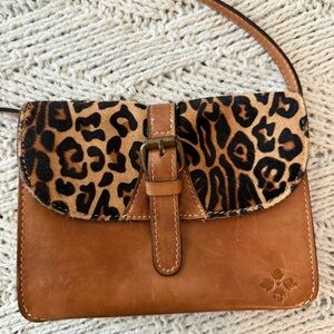 Patricia Nash Tan and Brown Leather Haircalf Crossbody Bag with Leopard Print